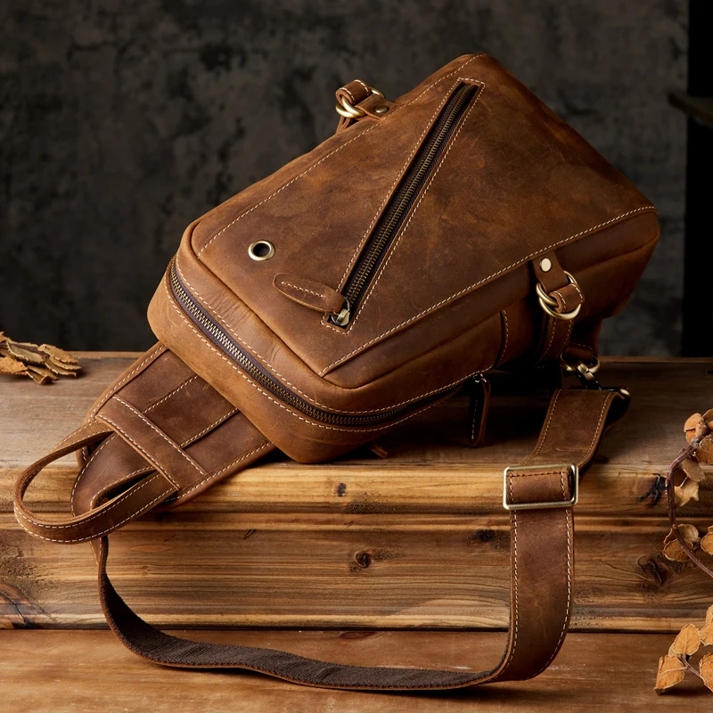 Factory Direct Custom Vintage Crazy Horse Leather Chest Bag Daily Outdoor Cross body Bag Male Retro Genuine Leather Sling Pack