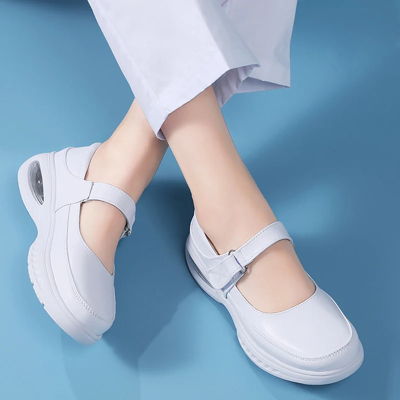 STRONGSHEN Women Shoes White Cushion Nurse Shoes Wedge Comfortable Leather Hollow Out Work Shoes Non-slip Slip-on Loafers