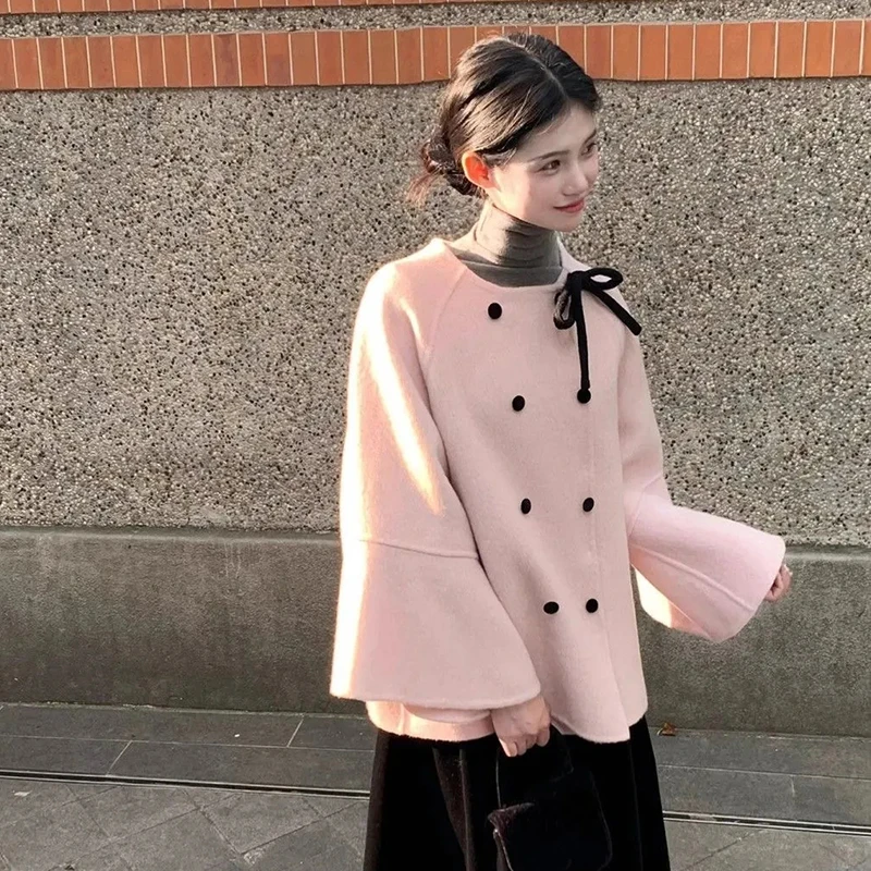 

Шерстяные пальто с милым бантом, корейские маленькие ароматные рукава-бабочки, элегантная верхняя одежда, женские осенне-зимние шикарные офисные женские свободные топы