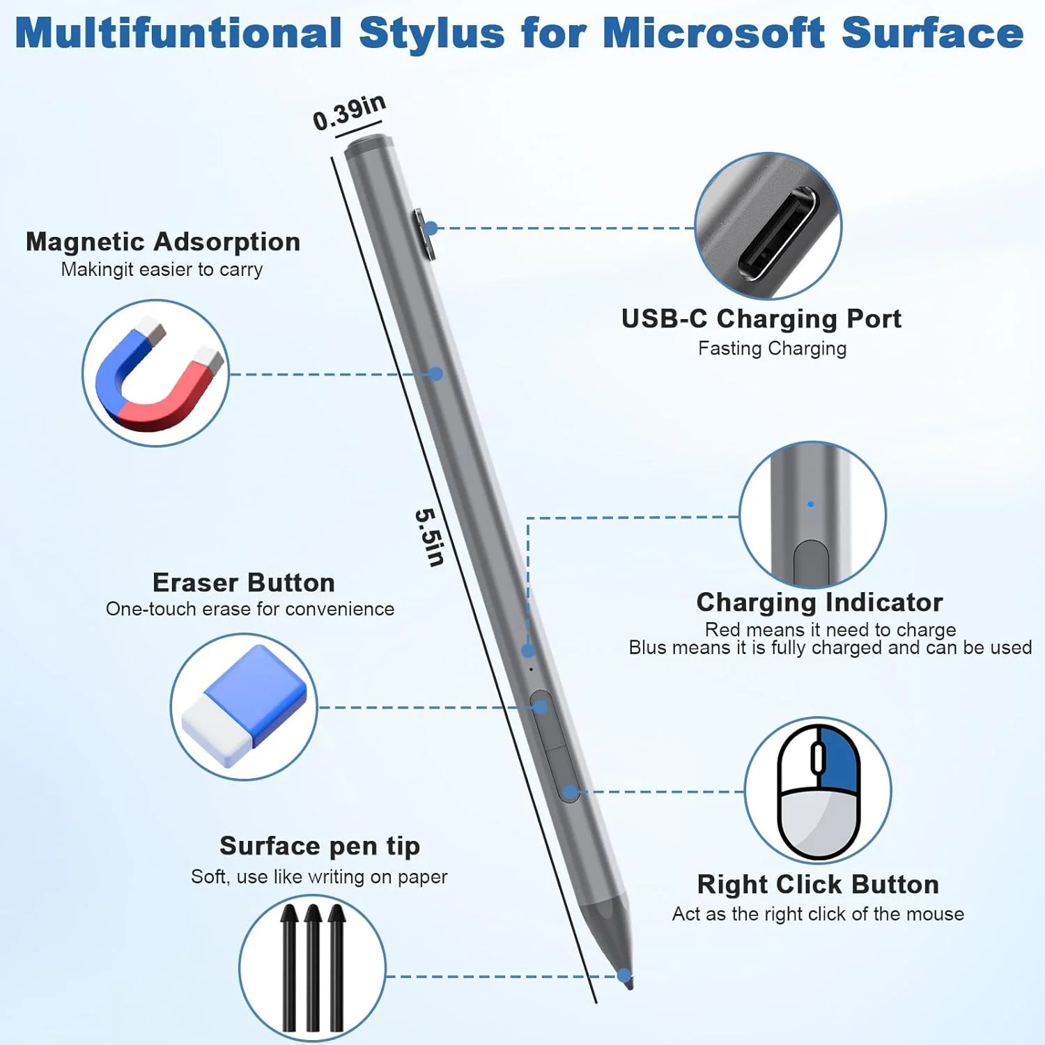 Pen for Surface Pro 11/10/9/8/X/7/6/5, Palm Rejection, Tilt Support, Stylus for Surface Go 3 2 Laptop for Surface Pro Pencil