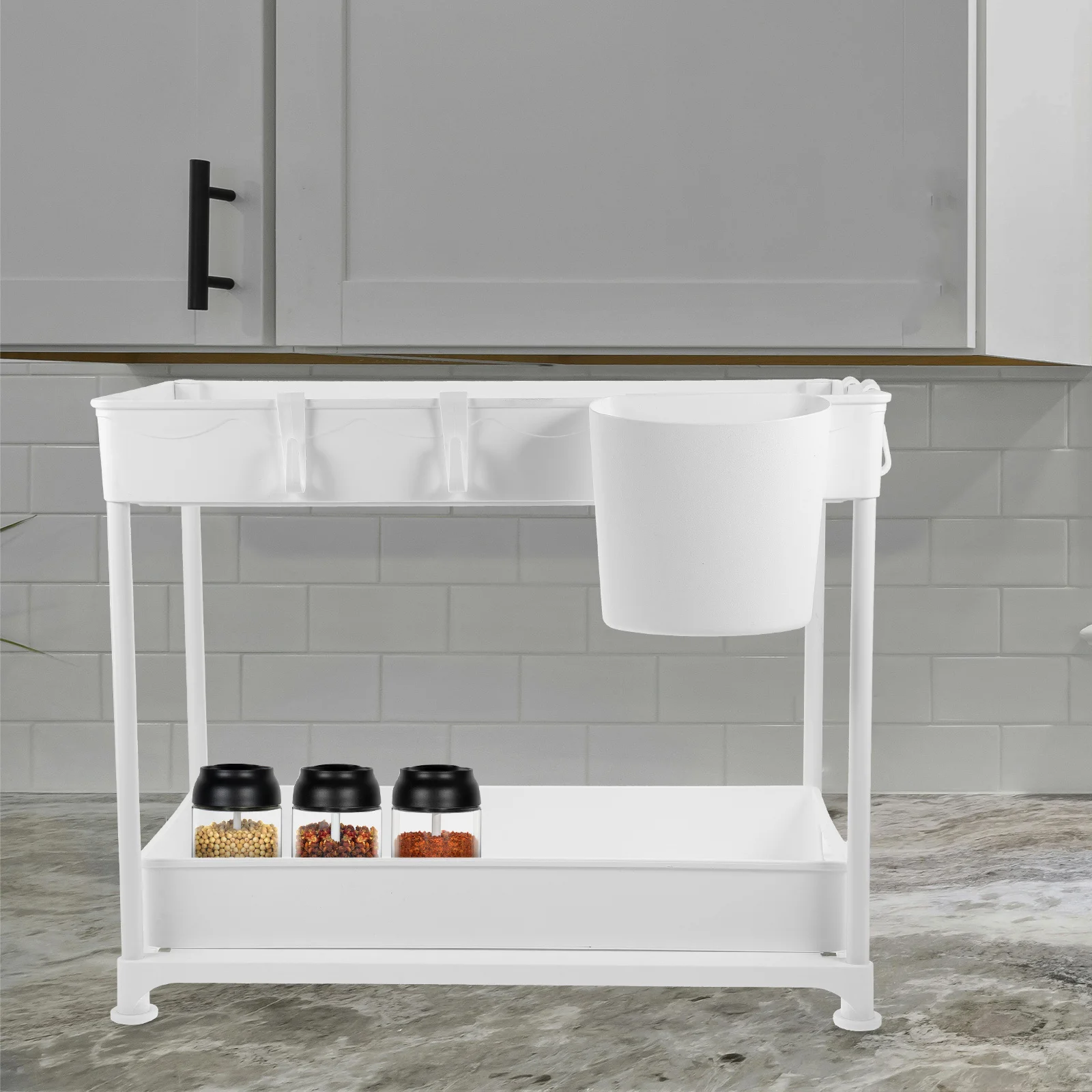 Double Layer Kitchen Cabinet Organizer Retractable Under Counter Shelf for Spice Bottles and Kitchen Supplies Telescoping Sink