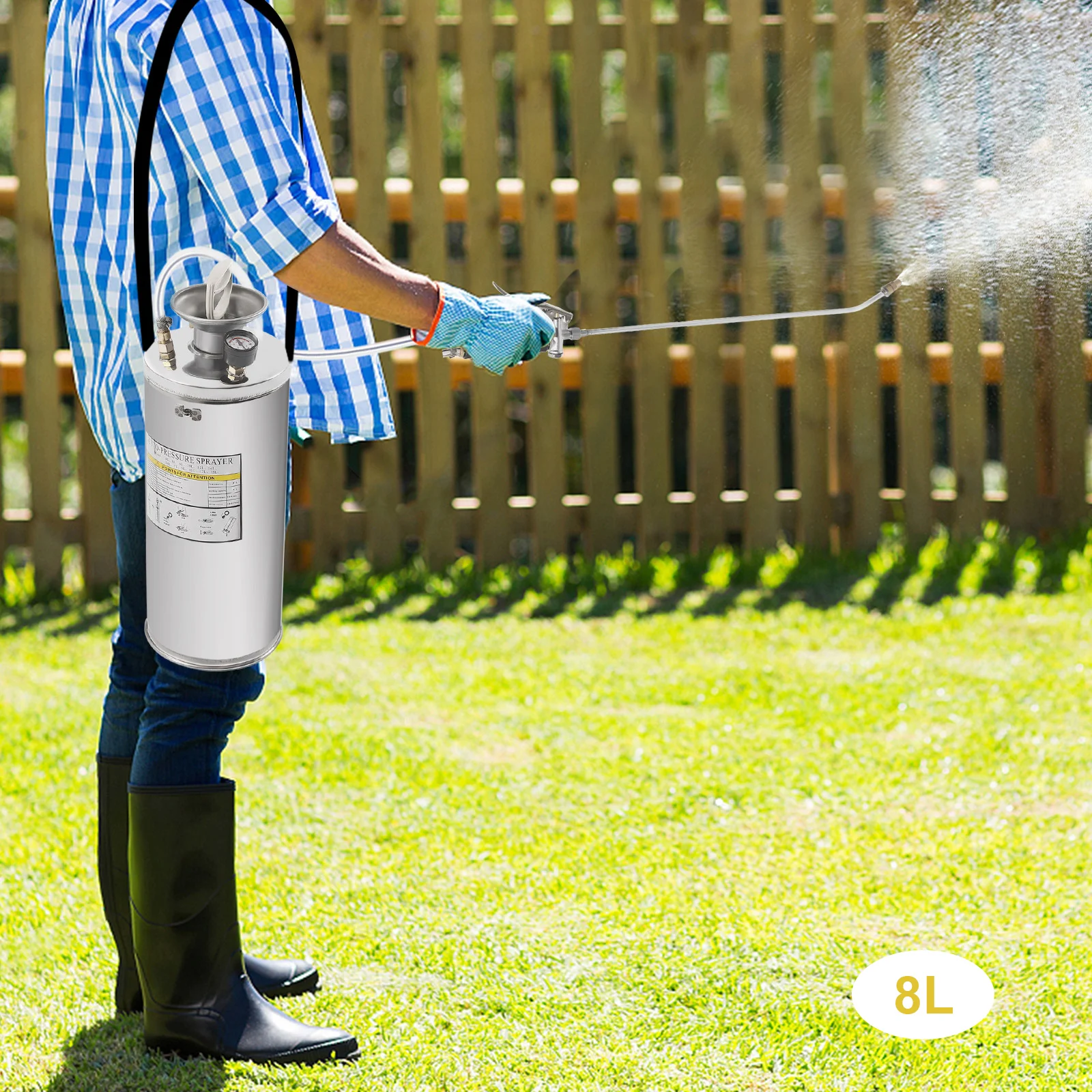 Stainless Steel Sprayer Hand Pump Sprayer with Pressure Gauge&Safety Valve Adjustable Nozzle Suitable for Gardening& Sanitizing