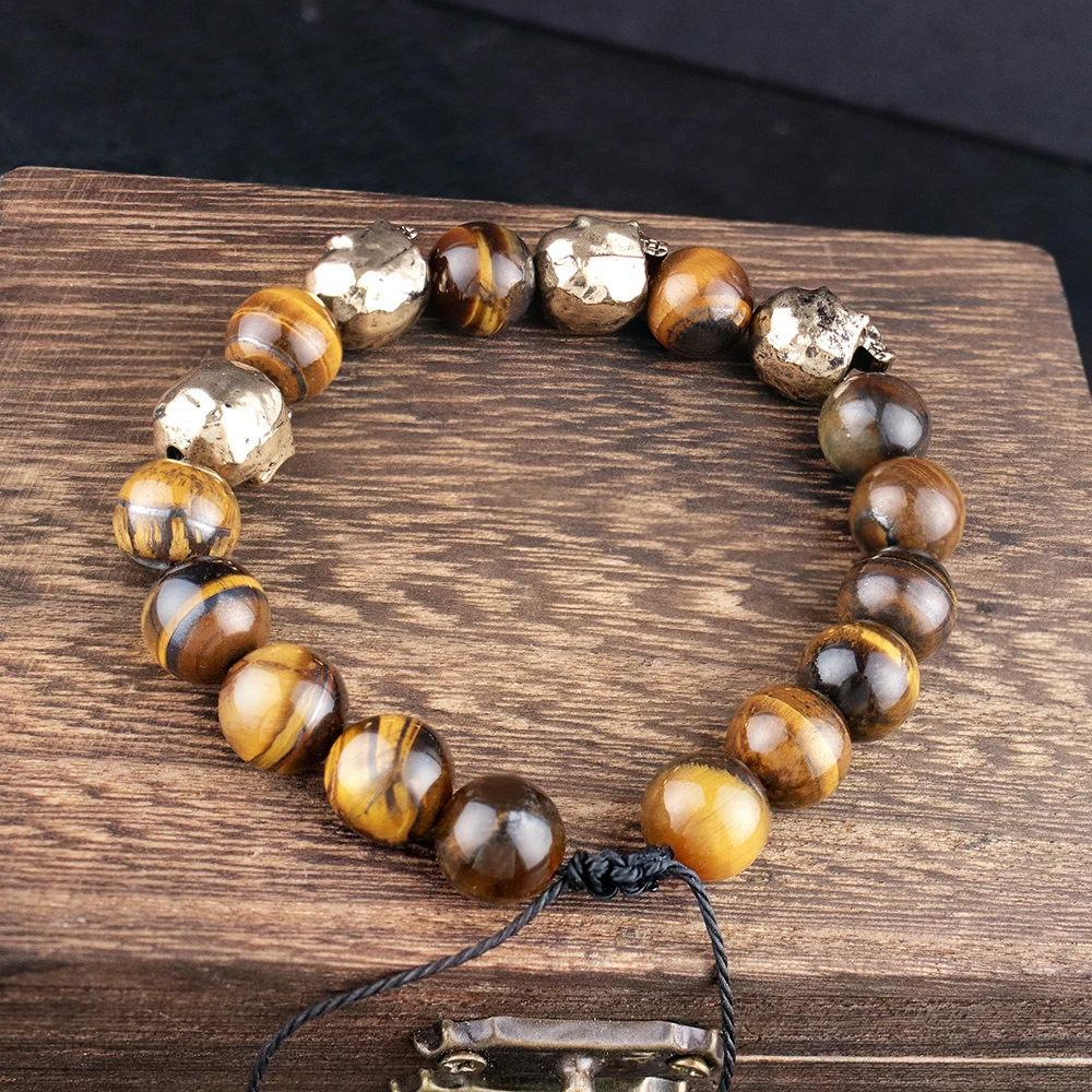 Dark Vintage Agate Skull Bracelet for Men Natural Stone Tiger Eye Charm Women Bracelet Punk Hip Hop Adjustable Jewelry Wholesale