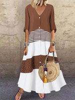 Color Blocked Printed Short Sleeved V-neck Button Up Women's Dress Street Versatile Artistic Retro Style Summer Dress