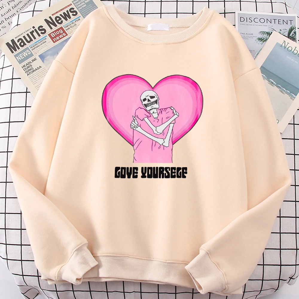 Gove Yourself Pink Skull Print Pullovers Women Autumn Oversized Sweatshirt Casual Fleece Sweatshirts Crewneck Tops Female