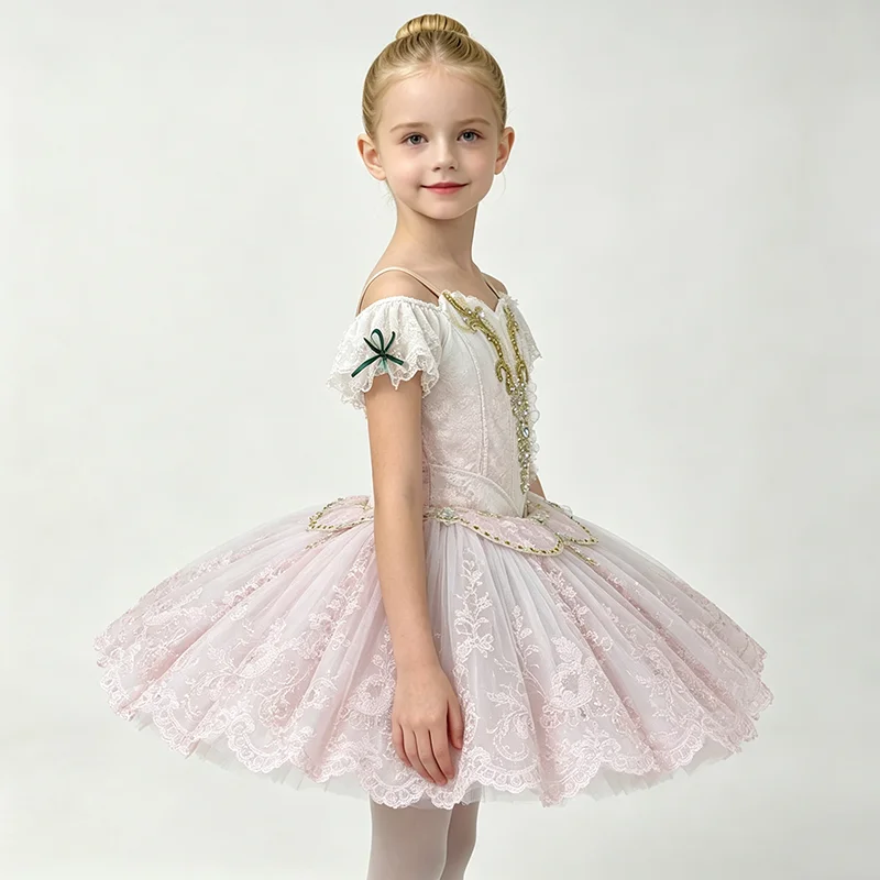 Kids off shoulder lace gold edge gem pink tulle ballet tutu dress princess style stage performance exam dance costume