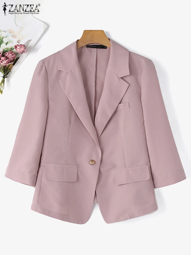 Fashion Work Suits Jackets ZANZEA Elegant Women Lapel Neck 3/4 Sleeve Blazer Autumn Casual Office Lady Thin Coats Solid Outwear