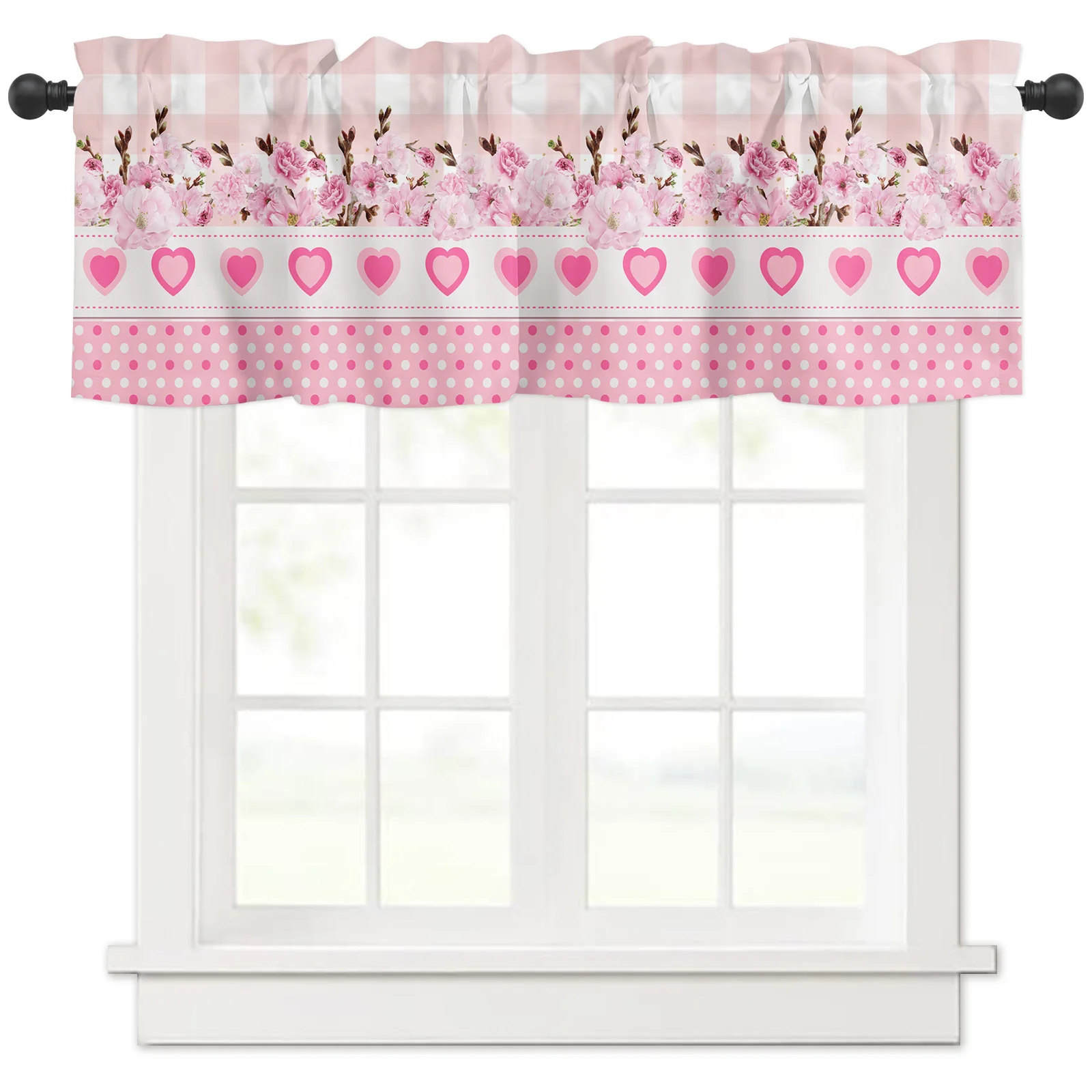 Love Flower Pink Plaid Curtains Home Decor Living Room Kitchen Balcony Room Window Curtain Bedroom Patio Decoration