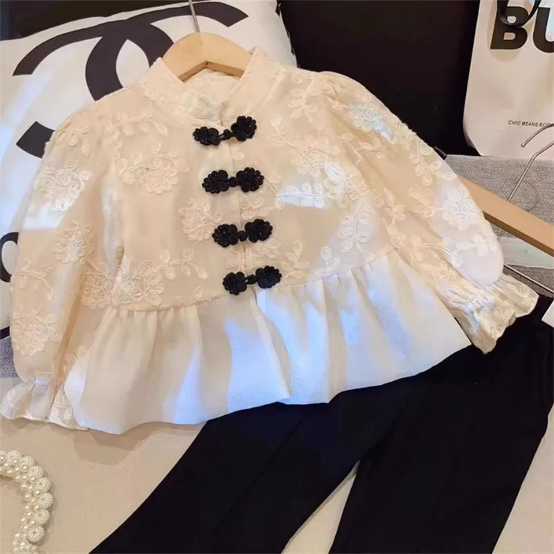 

Autumn New Fashionable Set for Girls Chinese Style Button Embroidered Shirt+Versatile Casual Pants Two-Piece Set