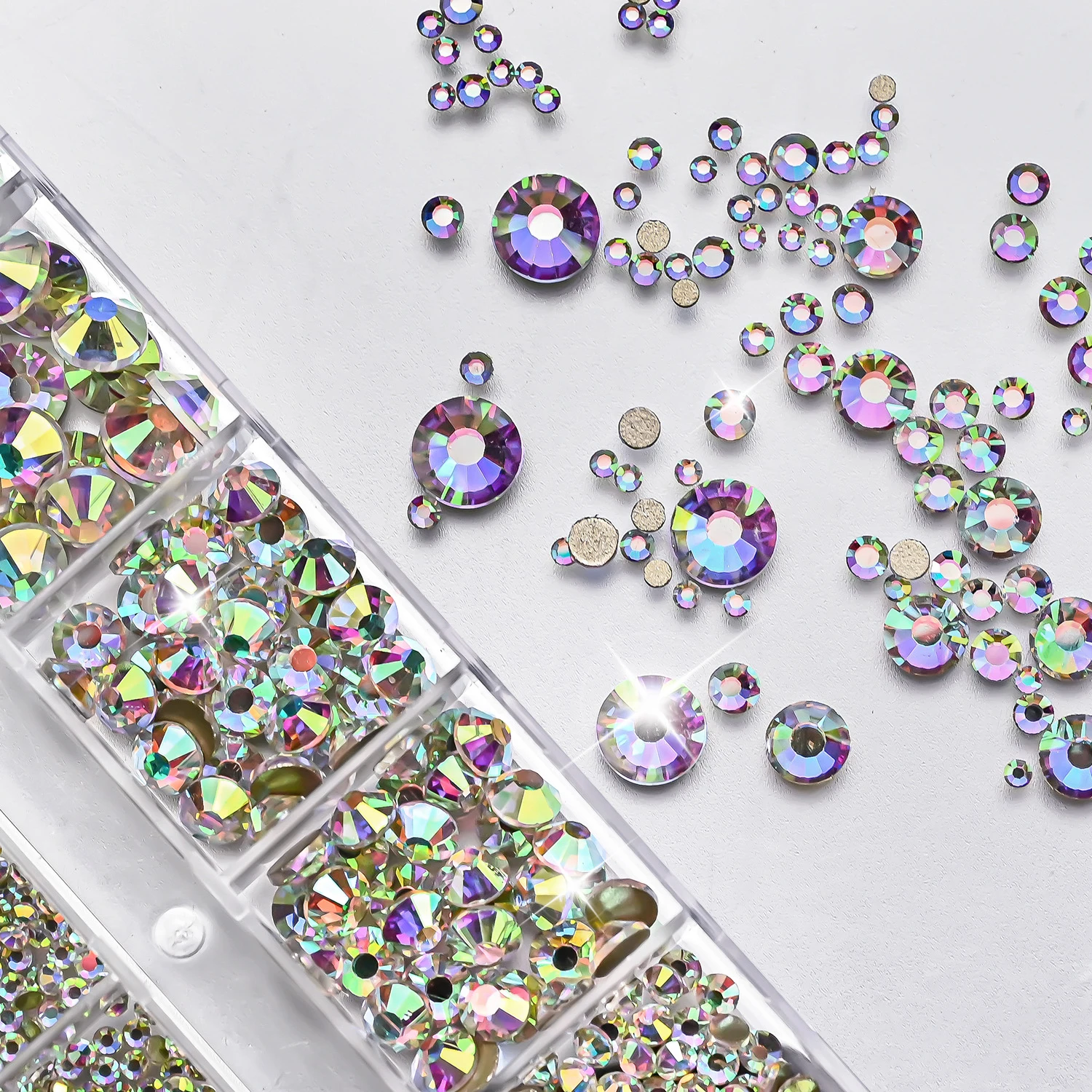 12er-Set 3D Glitzernde AB Runde Kristall-Nagelsteine SS4-SS30 Glas-Diamant-Nagelperlen Charms 1,5-6mm Flache Rückseite Nagel-Edelsteine D8@ – Detail 4