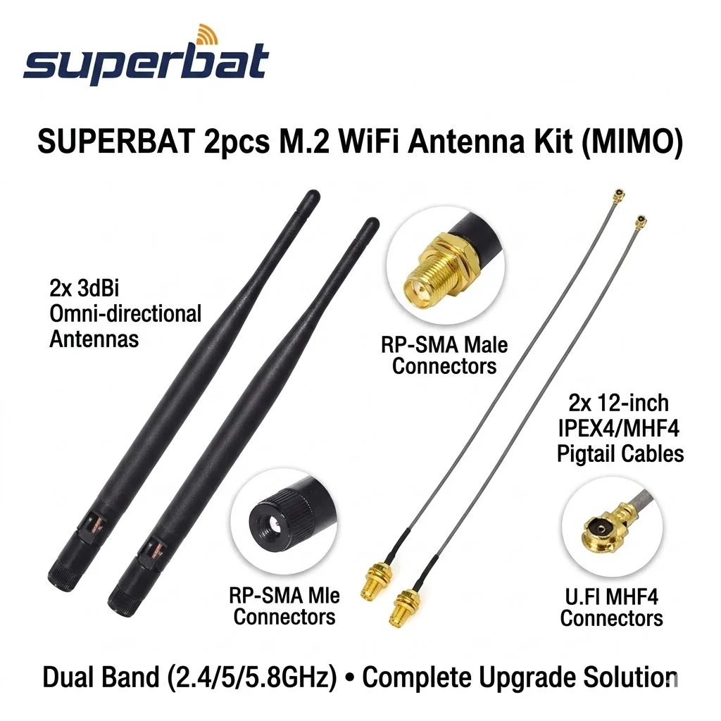 Superbat 2 antenas WiFi MIMO M.2 de 3dBi 2.4GHz 5GHz 5.8GHz RP-SMA Macho + Cable Ipex4 a RP-SMA para Tarjeta de Red Inalámbrica