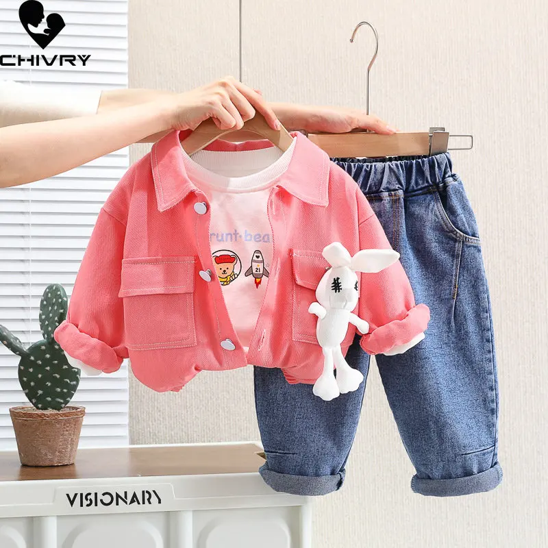 Ensembles de vêtements trois pièces pour bébé fille, manteau à revers lapin mignon en Y avec pantalon en denim, vêtements pour enfants, bébé fille, printemps, nouveau, 2023