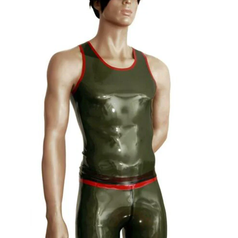 Men's 100% Handmade Latex Vest Top Sleeveless Army Green with Red Trims Top T-shirt  XS To XXXL