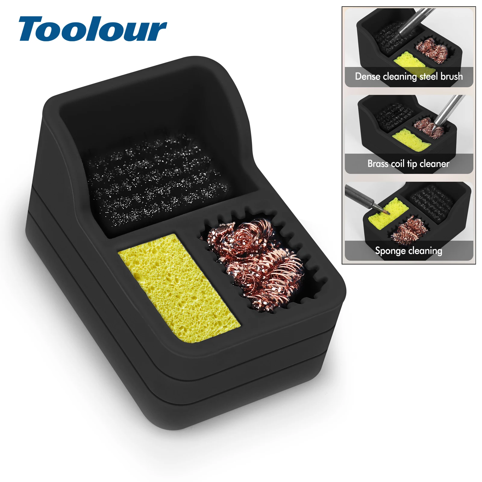 

Toolour Solder Tip Cleaner Soldering Iron Cleaner Solder Sponge and Brass Wool and Dense Cleaning Steel Brush in Silicone Holder