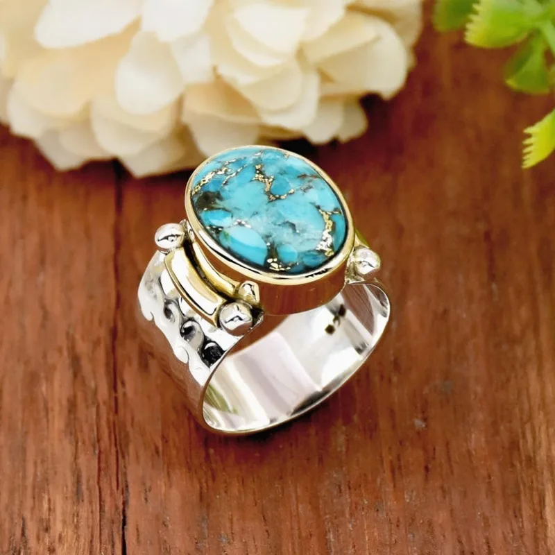 Ethnischer, eingelegter Damenring mit imitiertem Türkis, Vintage-Stil, zweifarbig, geometrisch, für den täglichen Gebrauch, Partyschmuck, Jubiläumsgeschenk