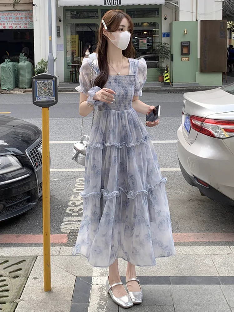 

Long Dress Women Summer 2024 New French Style Cute Flounced Patchwork Chiffon Short Sleeve Floral Print Folds Dresses