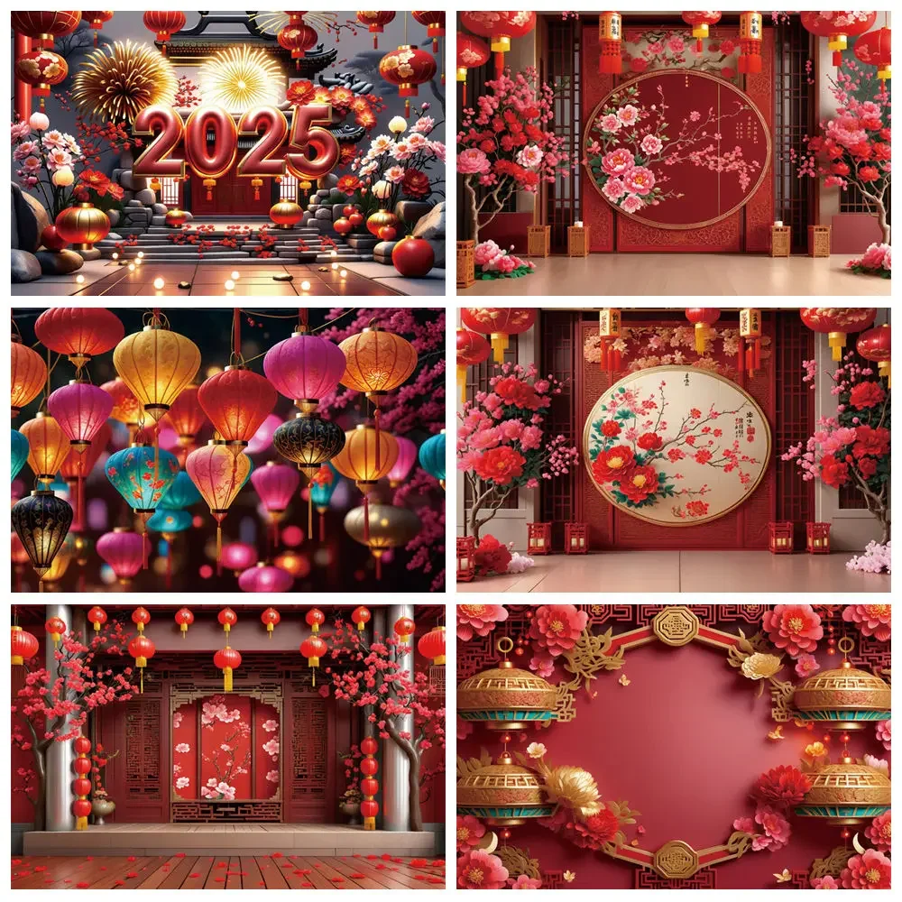 

MOON.QG Red Chinese New Year Background Photography Wintersweet Paper Flower Lantern Photozone Backdrop Baby Studio Accessories