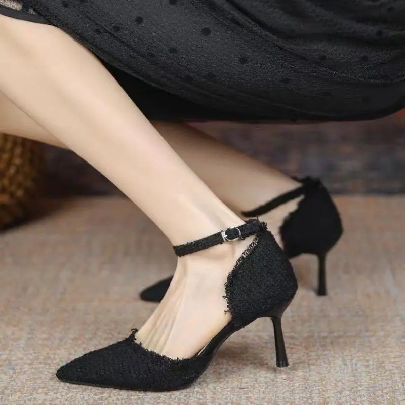 

NEW Spring Autumn High Heels Shoes Women White Wedding Shoes Lace Buckle Strap Pointed Toe Thin Heels Hollow Fashion Women Pumps