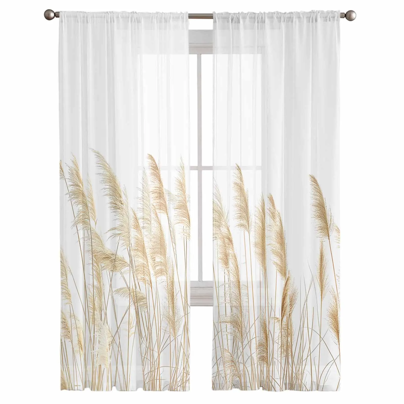 Retro Autumn Reed Grass Hand Drawn Tulle Curtains for Living Room Bedroom Sheer Voile Curtain Home Decor Kitchen Curtain