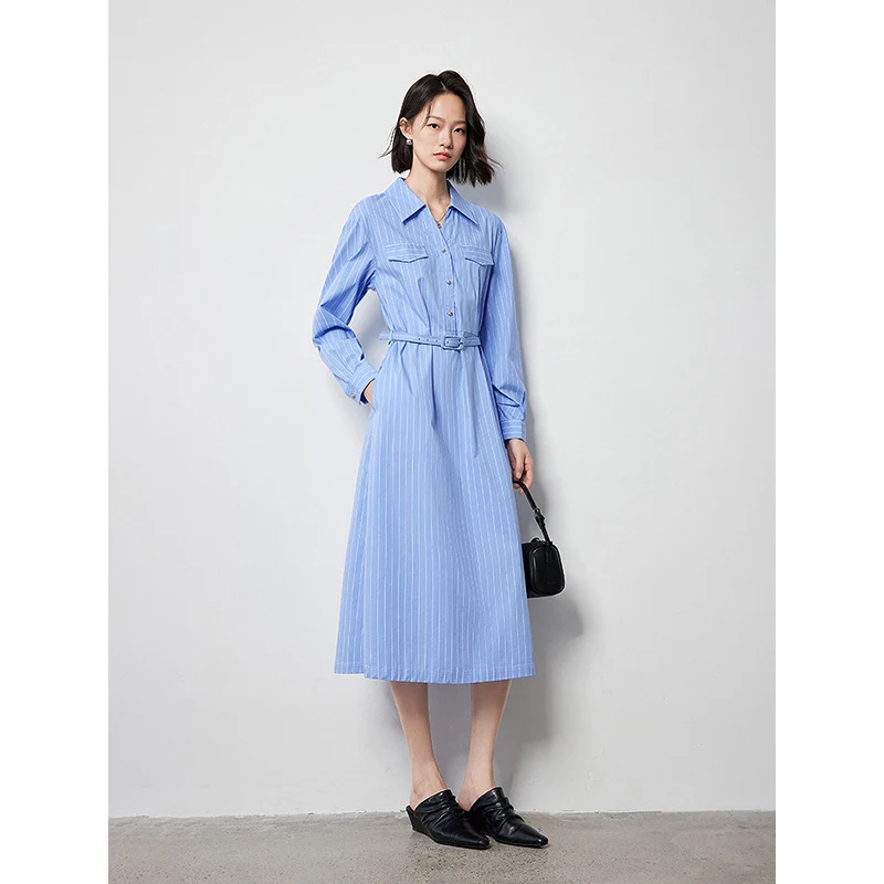 TOYOUTH Women Dress 2024 Autumn New Blue and White Striped Slim Waist Mid Length Elegant Office Lady Shirt Dress With Waistband