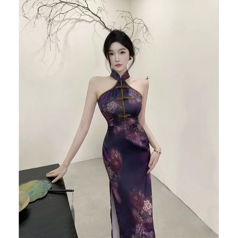 

Новое китайское женское длинное платье для похудения с завязками на талии, винтажная модная повседневная одежда с высоким разрезом