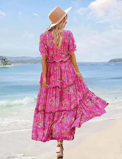 Women Fashion 2025 Summer O-Neck Splicing Party Long Dress Casual Print A-Line Boho Dress Elegant Vintage Maxi Dresses Vestido