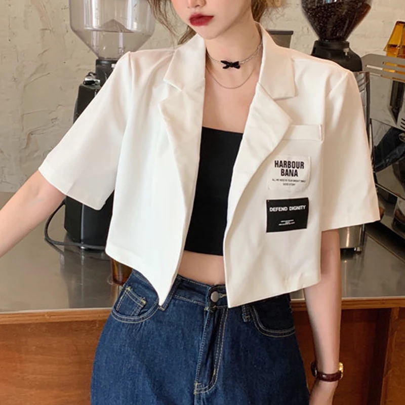 2024 Summer Women Trendy Appliques Design Sweet Kawaii Short Sleeve Thin Cropped Blazer Casual Street Y2K Solid Chic Suit Jacket