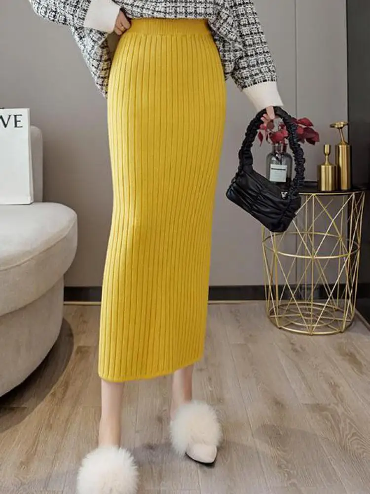 ผู้หญิงลายดินสอ Midi ถักกระโปรงสุภาพสตรีฤดูใบไม้ร่วงฤดูหนาว Warm ตรงยืดหยุ่นเอวสะโพกแยกกระโปรง
