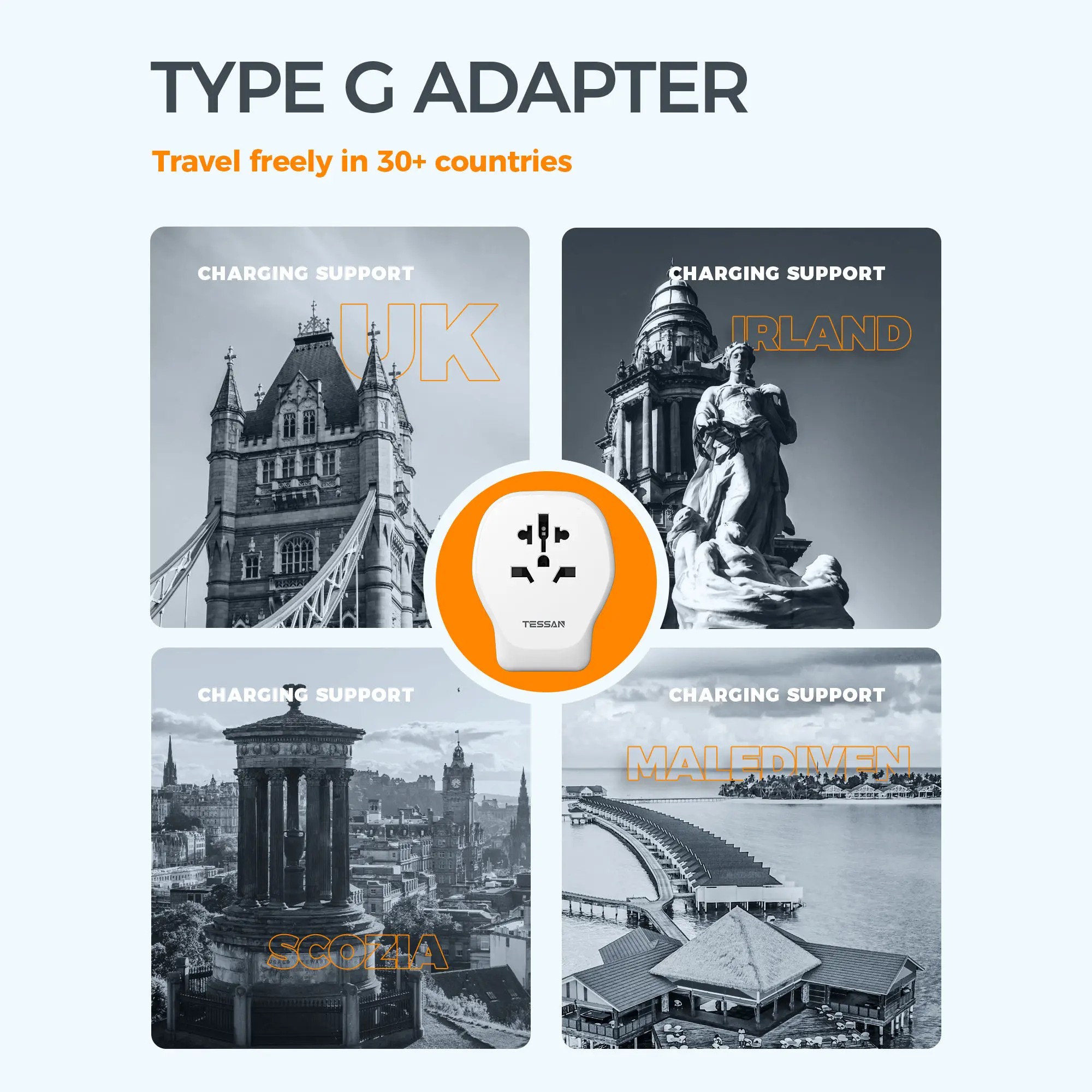 TESSAN adaptateur de voyage universel adaptateur de prise européen avec 1 prise ca 2 Type C 1 USB A prise murale multiple pour les voyages vers le royaume-uni et les états-unis