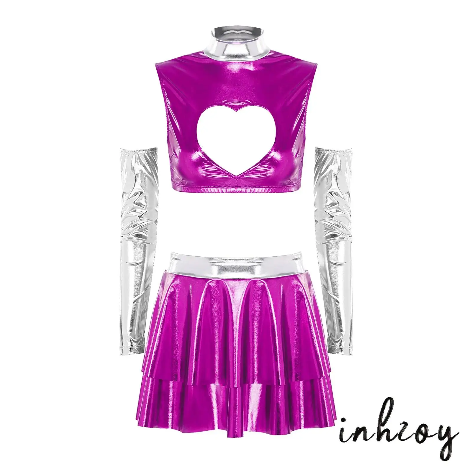 

Womens Carnival Hero Princess Cosplay Outfit Heart-shaped Hollow Crop Tank Top with Detachable Sleeves+Tiered Ruffled Miniskirt