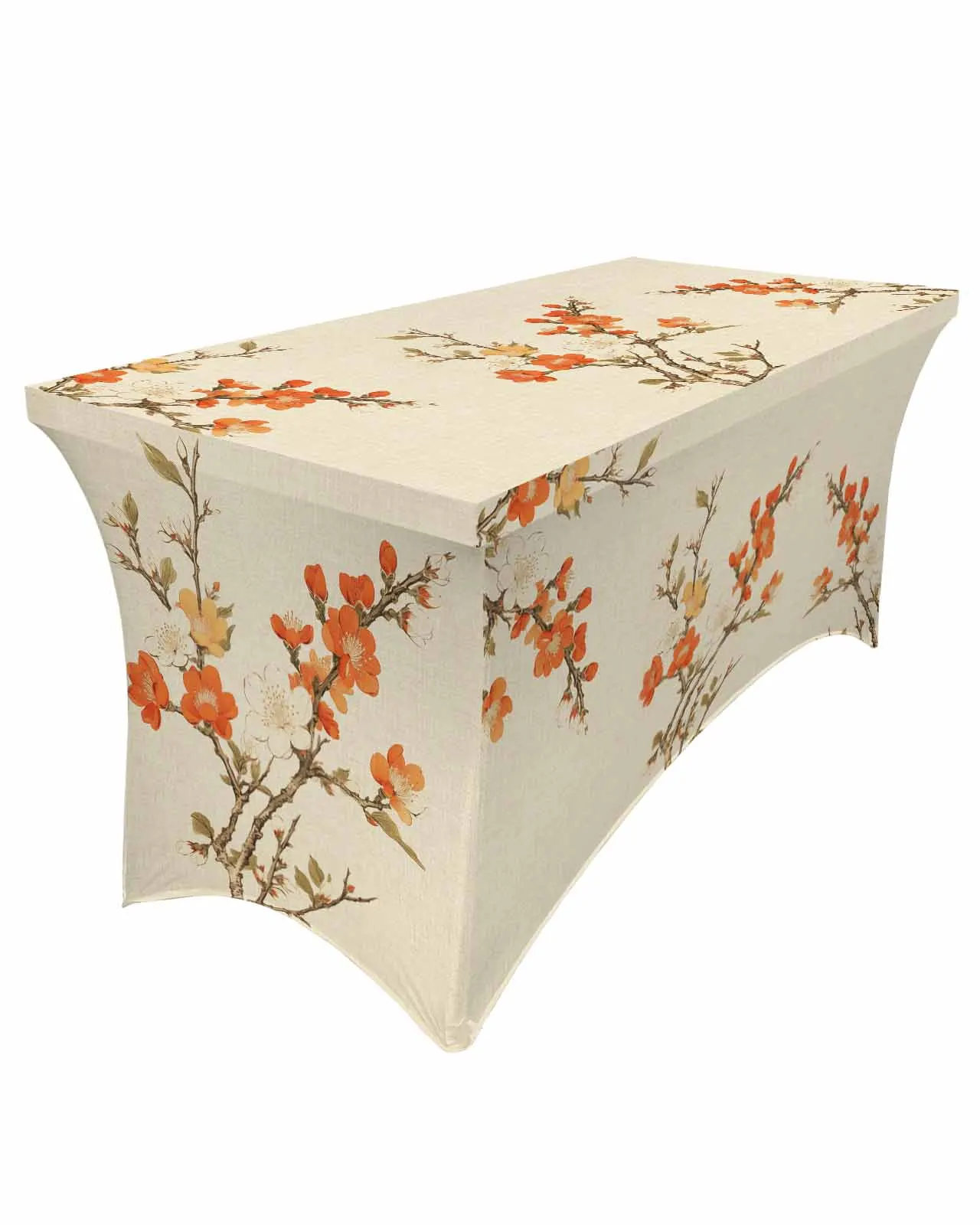 Plum Blossom Leaves Branches Elastic Table Skirt Wedding Hotel Birthday Table Cover Buffet Table Tablecloth Decor