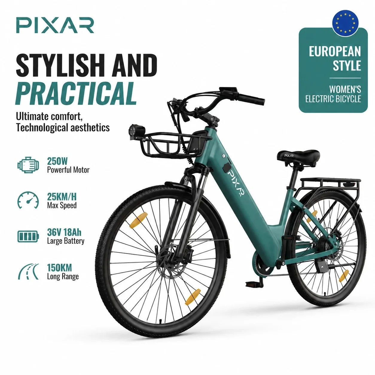 PIXAR Bicicleta eléctrica elegante y práctica para mujer, motor de 250W, batería Samsung 36V18Ah, 25KM/H, diseño elegante para desplazamientos urbanos, estética tecnológica, cuatro colores disponibles