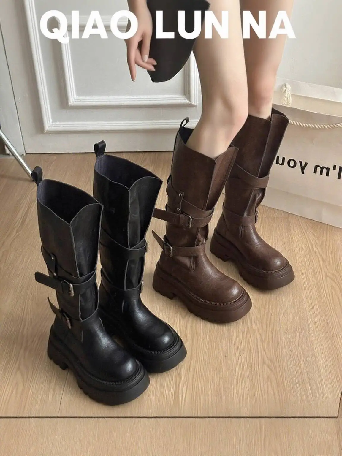 

Women Boots 2025 Autumn Winter New Maillard Women's Knee High Knight Boots Short Stature Friendly Belt Buckle Slim Women Boots
