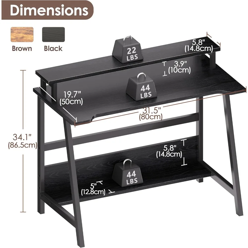 مكتب مكتب منزلي مدمج مع رف تخزين ورف كتب للمساحات الصغيرة، مثالي للشاشة والكتب
