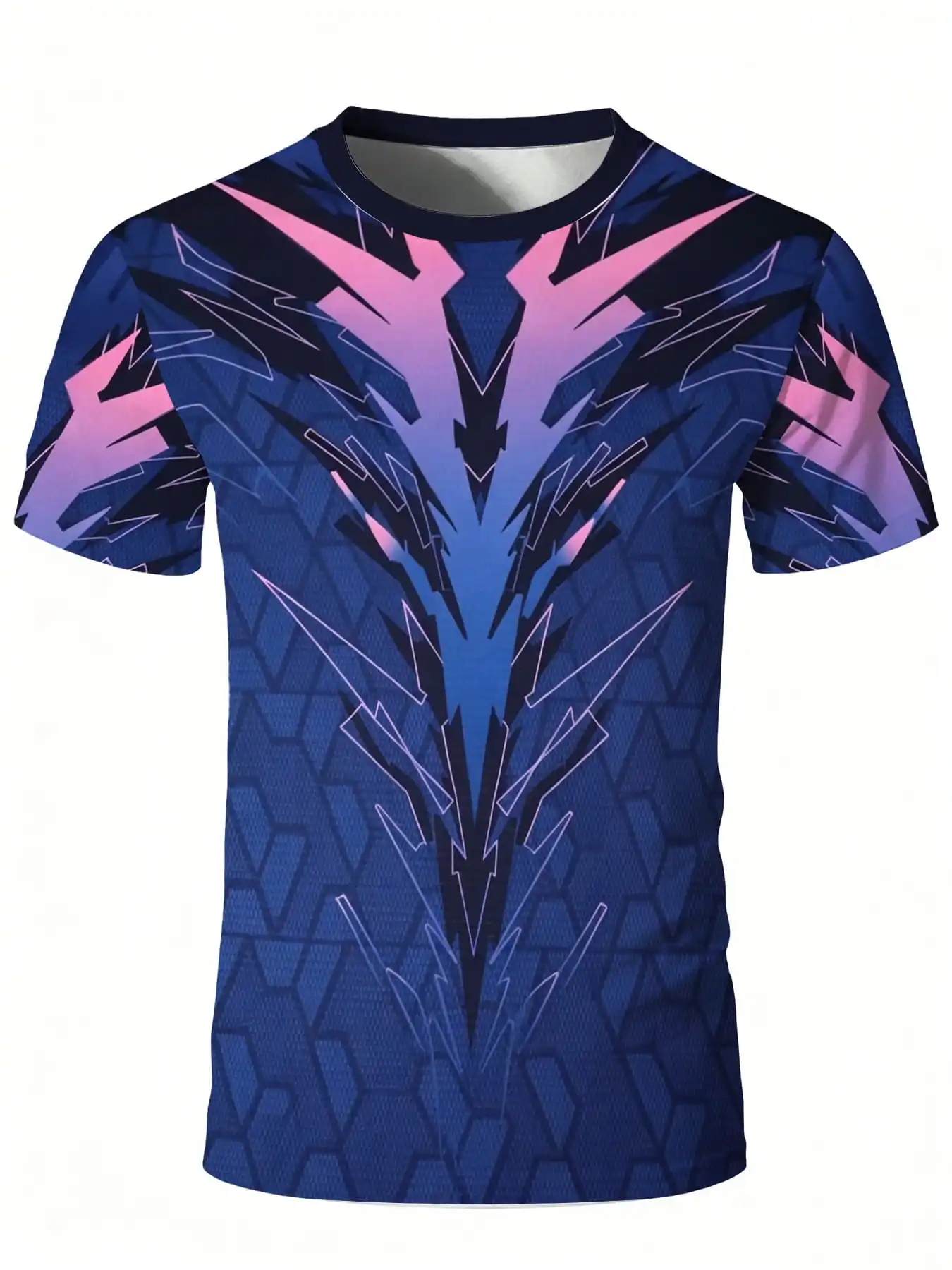 Men Quick Dry Tee, High Elastic, Breathable Crew Neck Short Sleeve, Pink Blue Gradient Sharp Geometric Hexagon Print