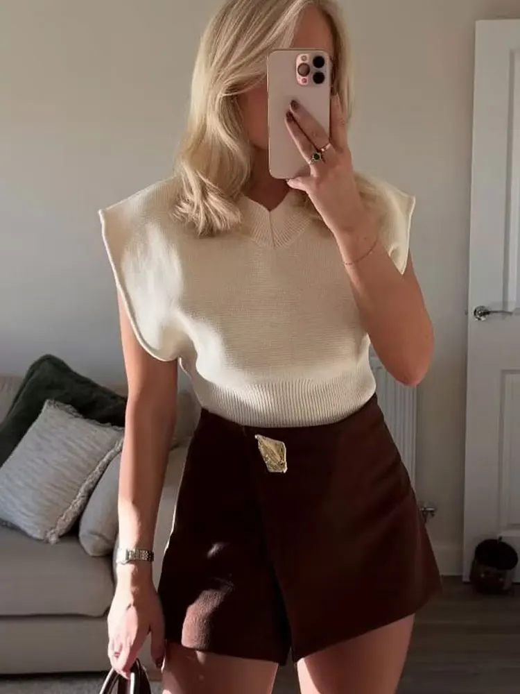 HH 2025 Musim Gugur Busana Wanita Kulot Asimetris Pinggang Tinggi Model A-line Ritsleting Samping Aplikasi Logam Celana Rok Solid Elegan