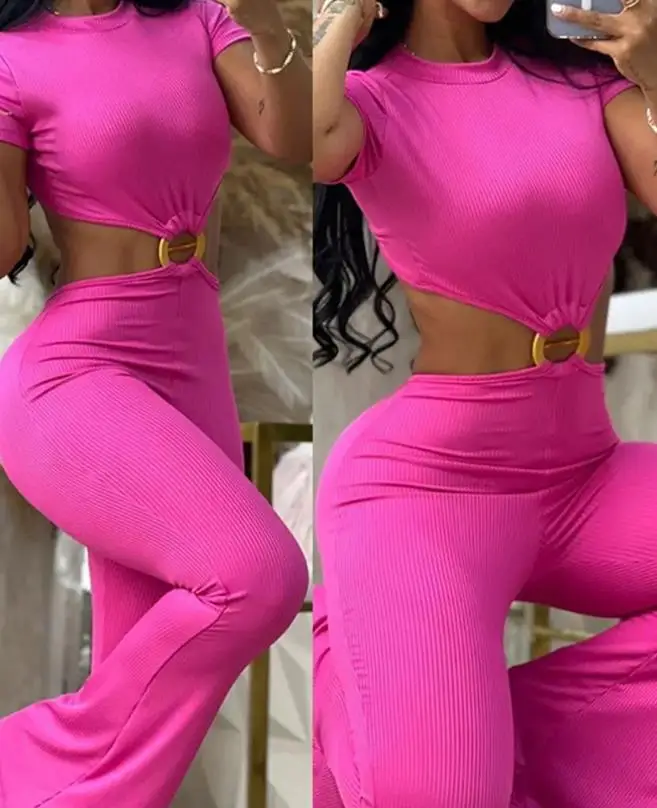 2023 Summer Woman Long Jumpsuits Elegant Sexy O-Ring Decor Cutout Short Sleeve Jumpsuit New Fashion Casual One Pieces