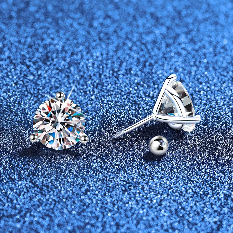 PT950 Platinum Women 3-Claw 1CT Moissanite Threaded Earrings - Fine craft, clear thread, exquisite details
