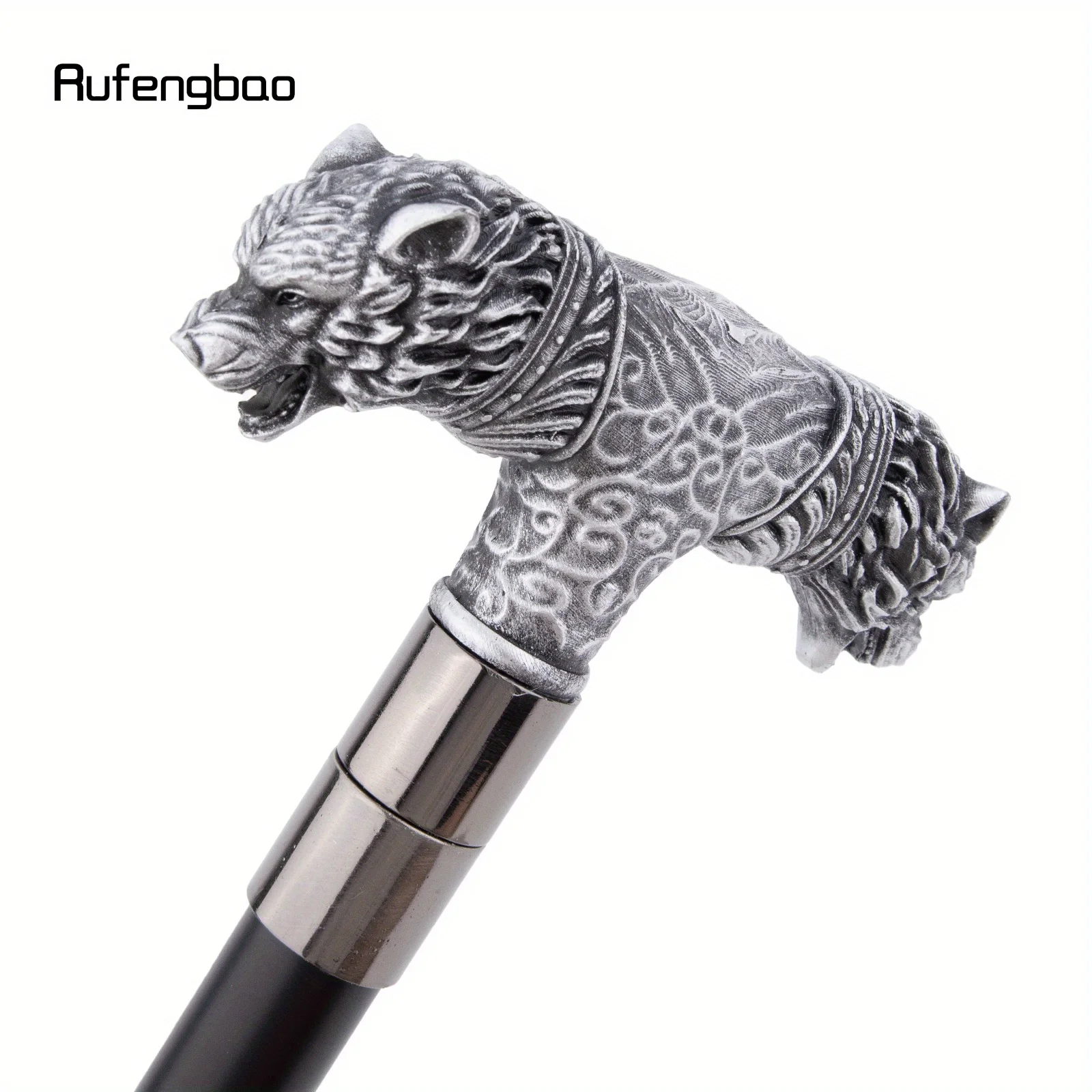 Silver Resin Wolf Double Head Walking Cane Fashion Steel Stick Elegant Cosplay Cane Knob Crosier Performance Stage Cane 92cm