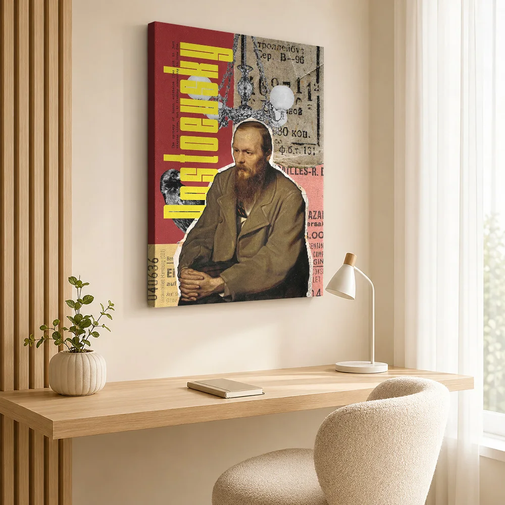 Fyodor Dostoevsky Writer Collage Canvas Print With Wooden Frame Personalized Photo Graphic Color Blocks Wall Art For Living Room