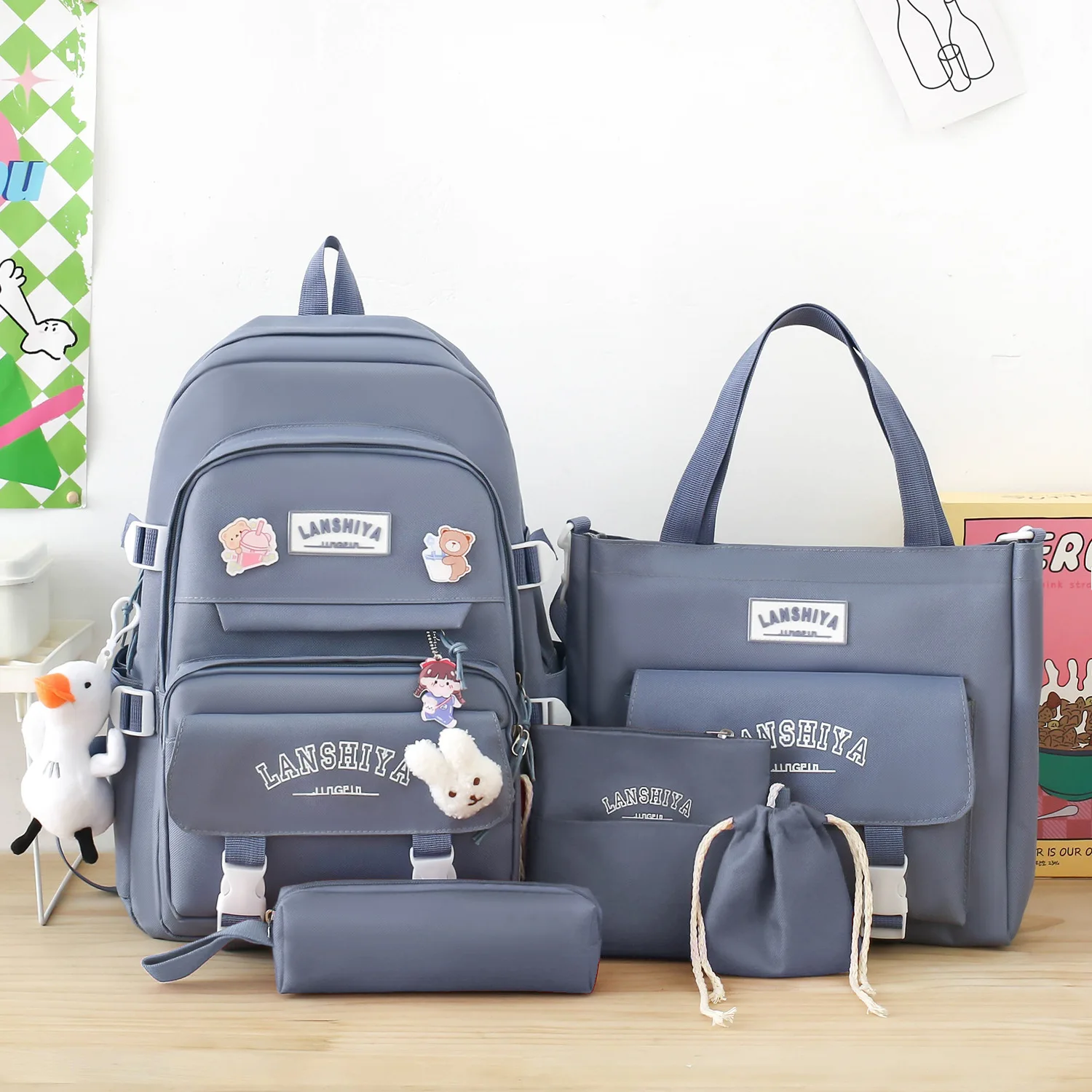 Multi Piece 5 In 1 Student Backpack Set Large Capacity Nylon Girls Rucksack Tote Handbag Pencil Case Combo