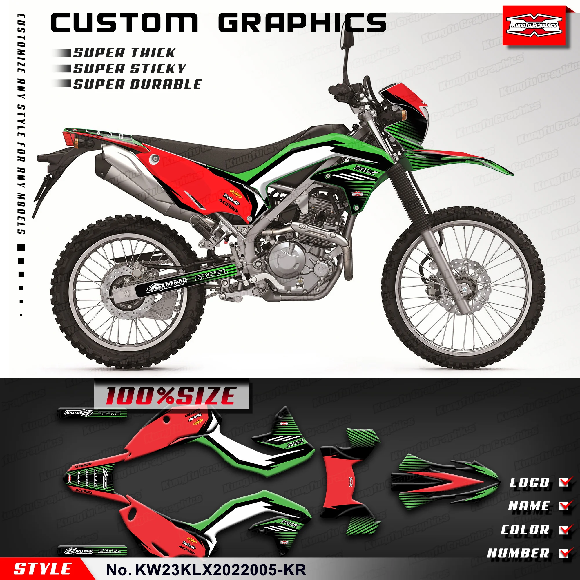 KUNGFU GRAPHICS Adhesive Sticker Vinyl Graphics Kit for Kawasaki KLX230 2020 2021 2022, KW23KLX2022005-KR