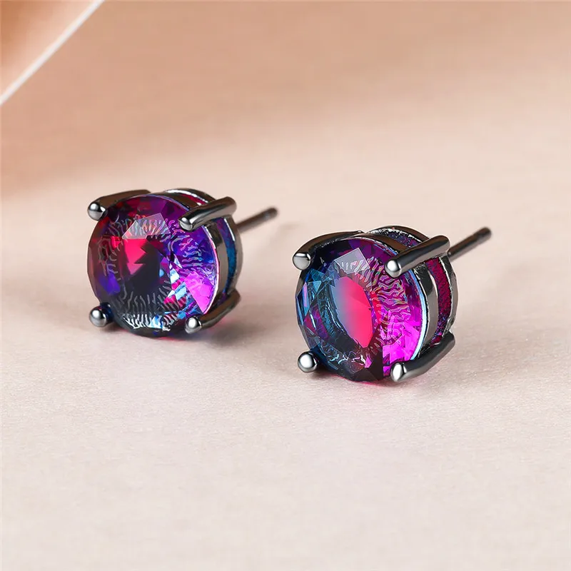Charm Female Crystal Rainbow Zircon Stone Round Stud Earrings Vintage Black Gold Color Wedding Fashion Jewelry For Women