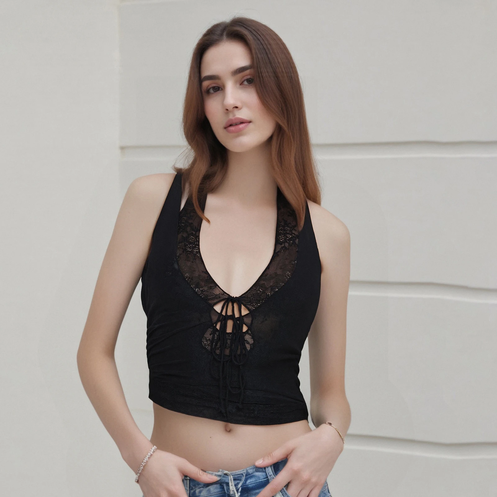 Women's Fake-two Piece Tank Tops Sleeveless Halter Neck Tie Front Lace Patchwork Vest