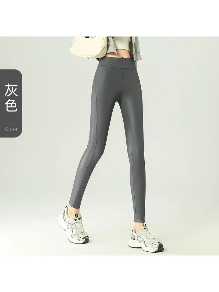 PULeather النساء السراويل الضيقة جديد عالية الخصر رقيقة اقتصاص الصوف مبطن ماتي طماق لباس خارجي طويل رمادي كاكي الشتاء 40-65 كجم