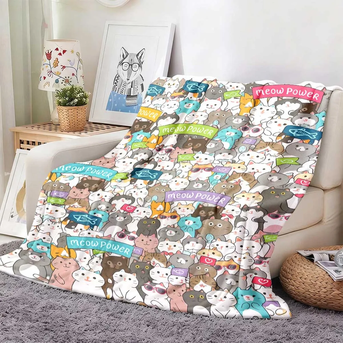 ute Cartoon Kitten Flannel Blanket, Meow Power Multi Breed Cat Sticker Pattern Lightweight Throw Blanket for Bed Couch Daily Use