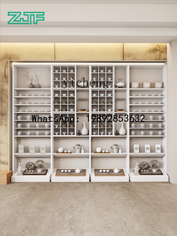FZ Tea Shop Full Wall White Display Rack Against The Wall Display Rack Tea Set Combination Lattice Shelf
