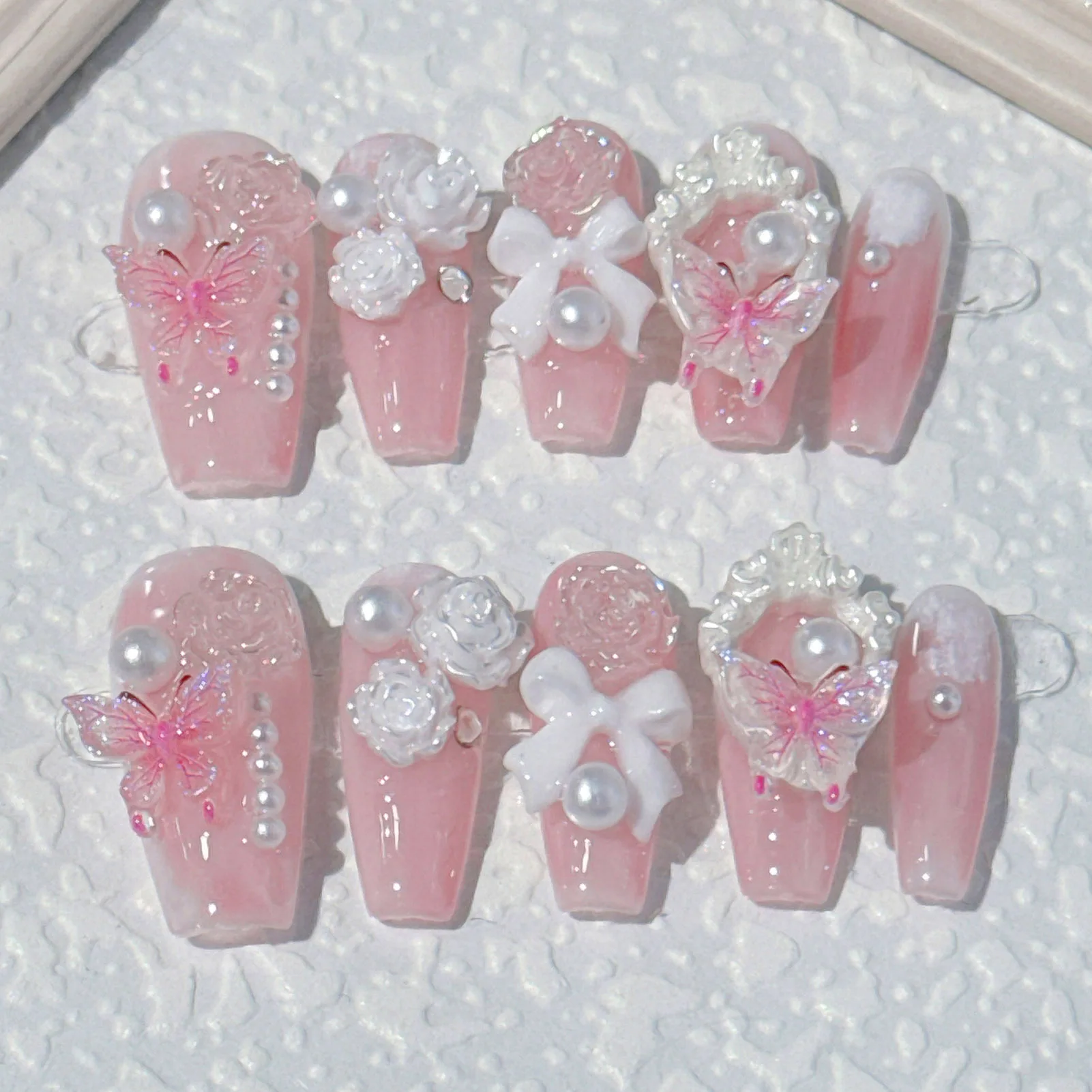 Handamde Pink Press On Nails 3D Bows Flower Pearl Butterfly Designs False Nail Patches Ballerina Reusable Fake Nail Tips 10pcs