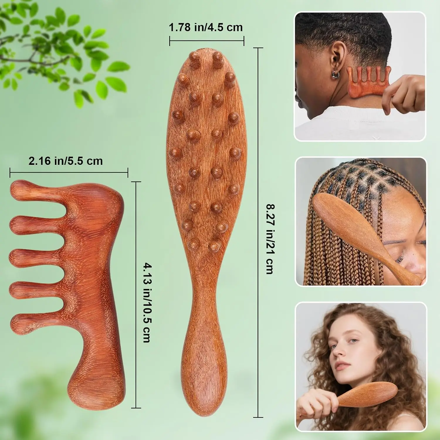 2 Pack Combs, Wooden Scalp Massager Sandalwood Wide Tooth Hair Comb, Gua Sha Head Massage Tool for Hair Growth Relaxation Stress