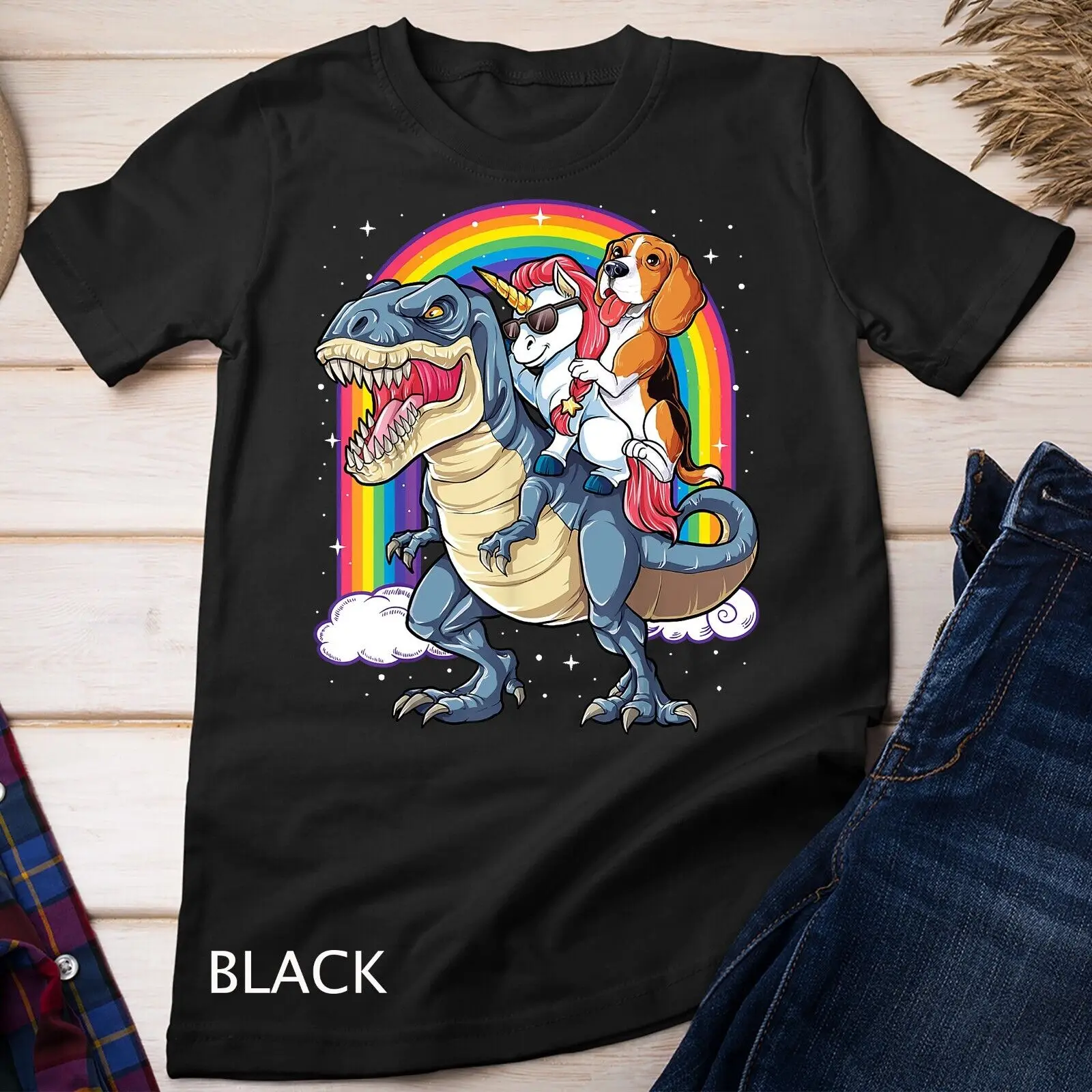 Beagle Unicorn Riding Dinosaur T rex Girls Kids Boys Rainbow Unisex T-shirt